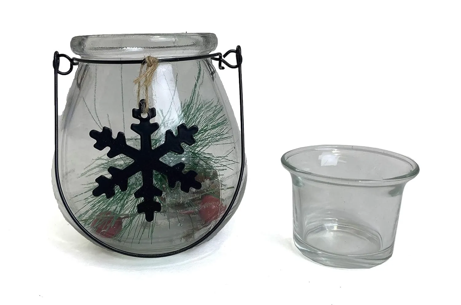 4.3" Holiday Glass Lantern with Tealight Holder and Floral Accent