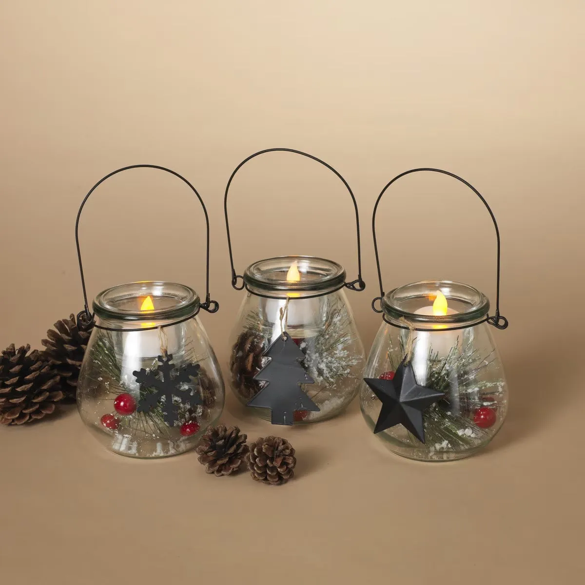 4.3" Holiday Glass Lantern with Tealight Holder and Floral Accent