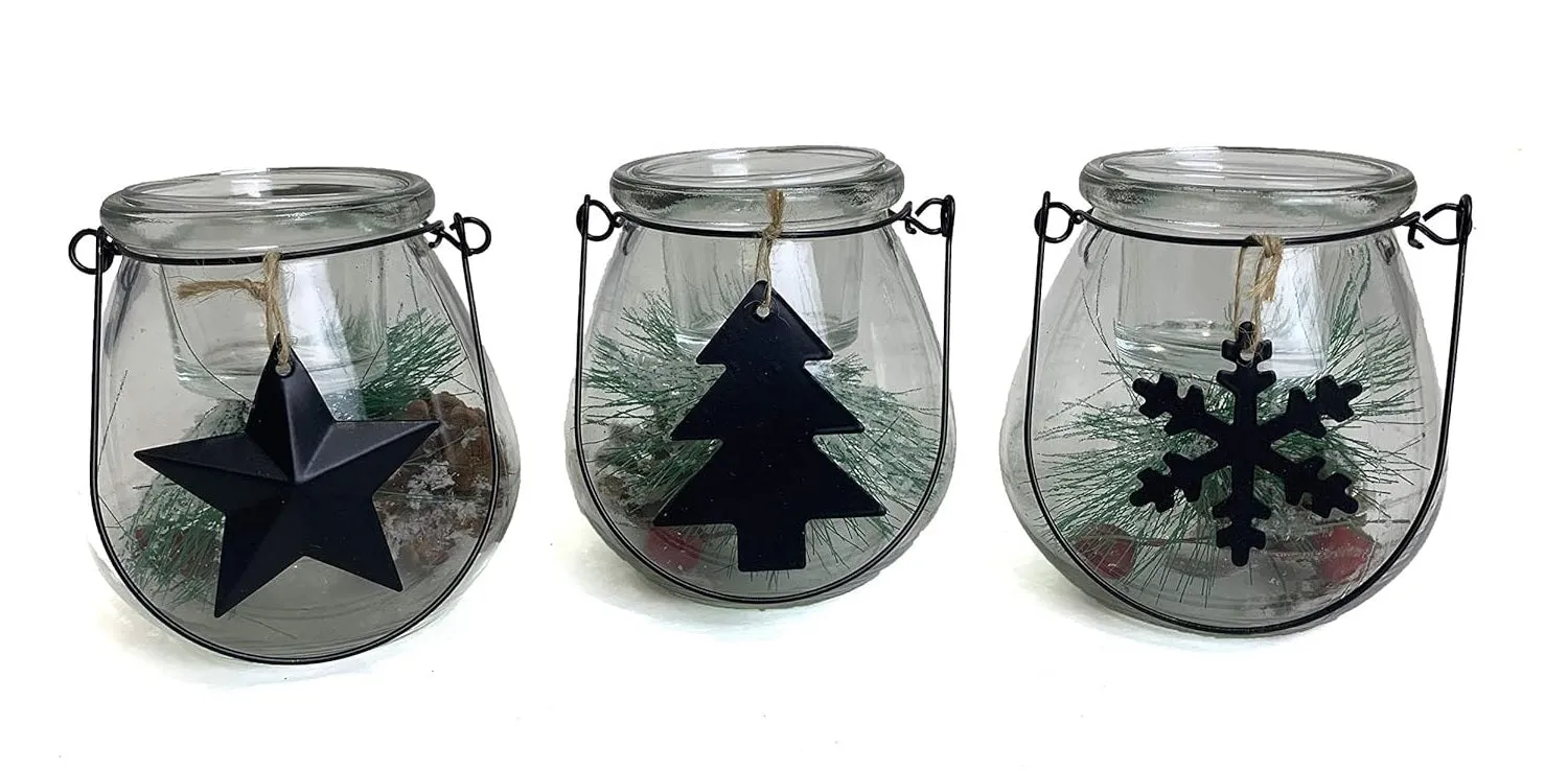 4.3" Holiday Glass Lantern with Tealight Holder and Floral Accent