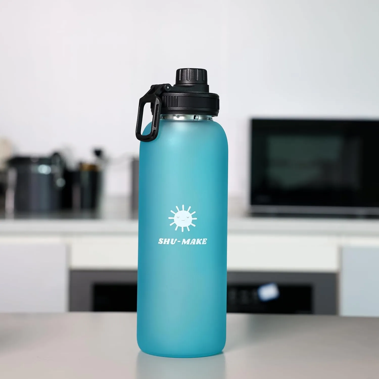 44oz water bottle. straw lid, screw on Lid, bottle sleeve, stainless steel strainer all included! Environment friendly large hydration bottle.