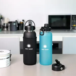 44oz water bottle. straw lid, screw on Lid, bottle sleeve, stainless steel strainer all included! Environment friendly large hydration bottle.