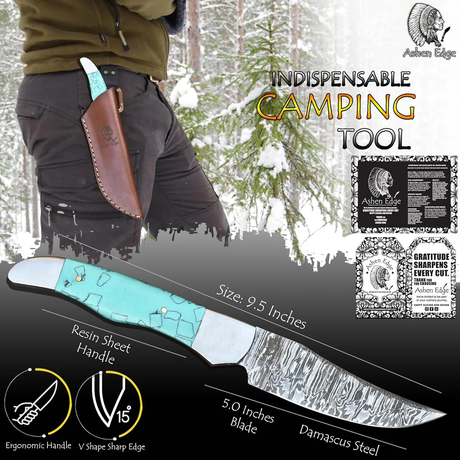 4.4" Fixed Blade Knife Handmade Damascus Steel 5" Handle Lightweight 11.2oz Includes Leather Sheath for Camping, Outdoor (Sky Blue)
