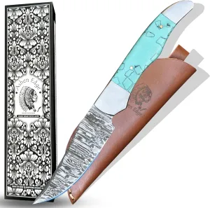 4.4" Fixed Blade Knife Handmade Damascus Steel 5" Handle Lightweight 11.2oz Includes Leather Sheath for Camping, Outdoor (Sky Blue)