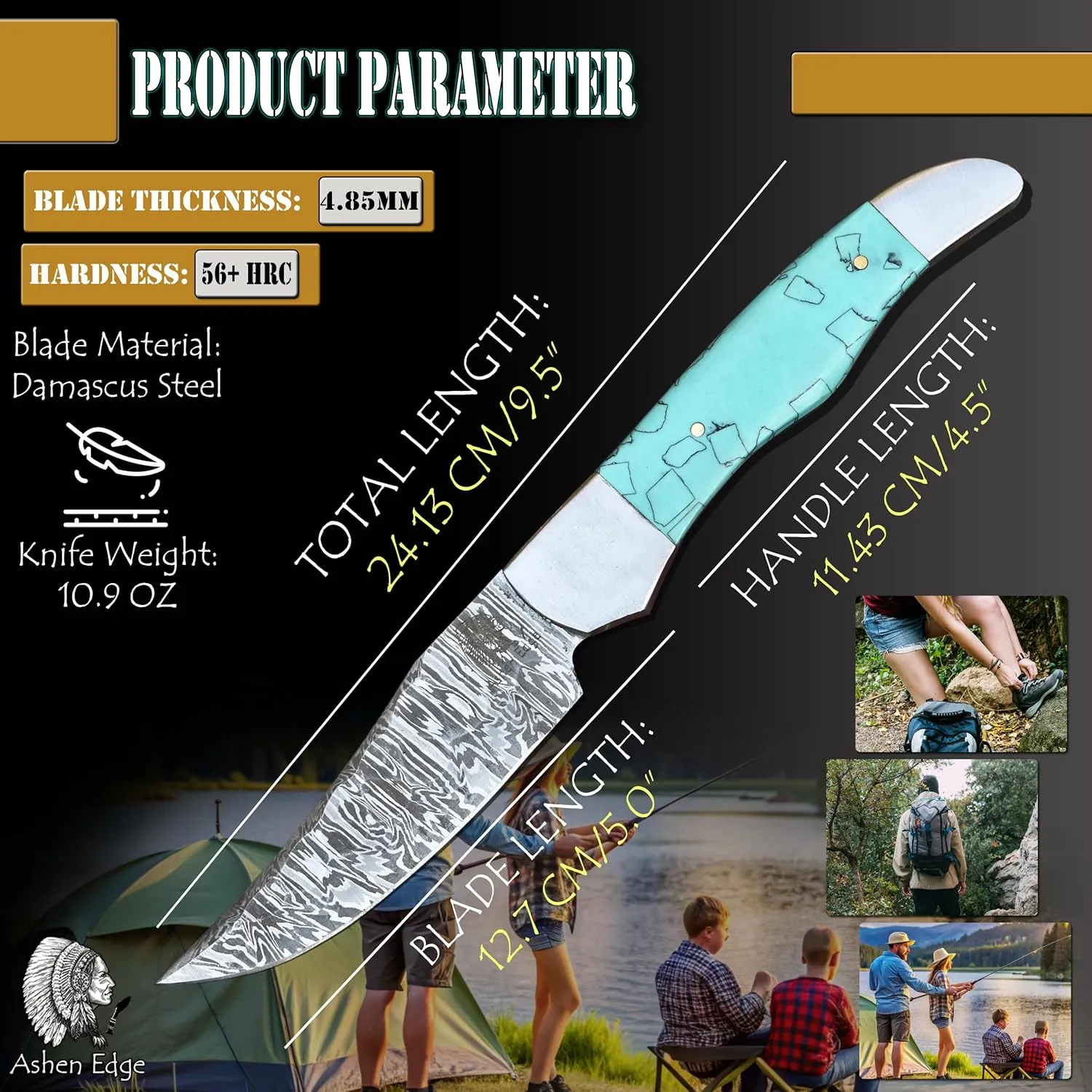 4.4" Fixed Blade Knife Handmade Damascus Steel 5" Handle Lightweight 11.2oz Includes Leather Sheath for Camping, Outdoor (Sky Blue)
