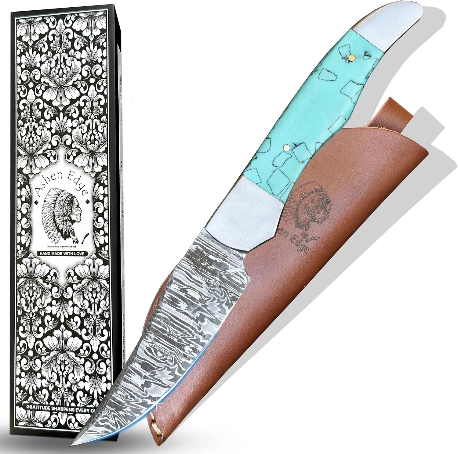 4.4" Fixed Blade Knife Handmade Damascus Steel 5" Handle Lightweight 11.2oz Includes Leather Sheath for Camping, Outdoor (Sky Blue)
