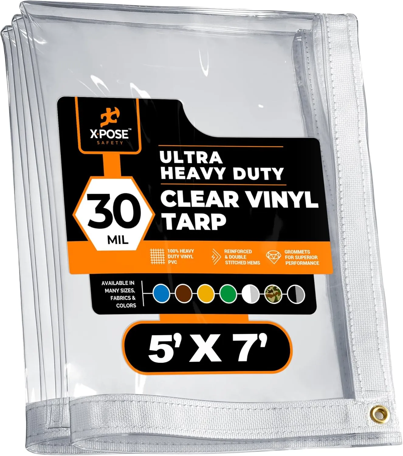 5' x 7' Clear Vinyl Tarp - 30 Mil Super Heavy Duty Transparent Waterproof PVC Tarpaulin with Brass Grommets - for Patio Enclosure, Temporary Wall, Camping, Tent Cover, Canopy - by Xpose Safety