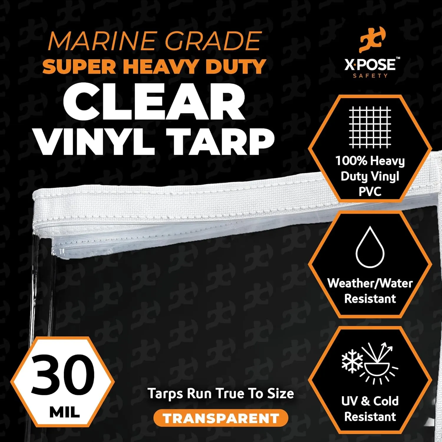 5' x 7' Clear Vinyl Tarp - 30 Mil Super Heavy Duty Transparent Waterproof PVC Tarpaulin with Brass Grommets - for Patio Enclosure, Temporary Wall, Camping, Tent Cover, Canopy - by Xpose Safety