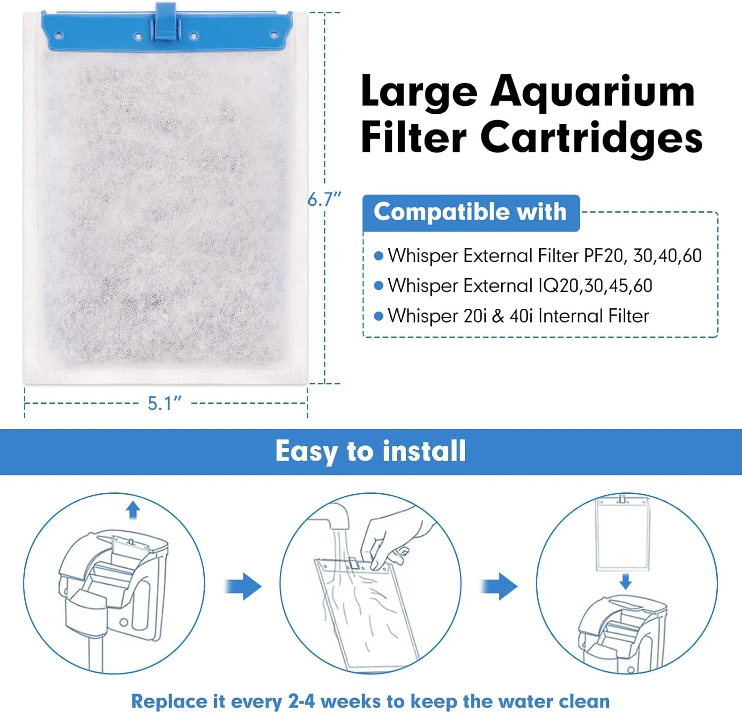 6 Pack Large Filter Cartridges Compatible with Tetra Whisper Bio-Bag Filters Replacement Filter Cartridges for Whisper Power Filters 20i/40i /IQ20/30/45/60 PF20/30/40/60(Ready to Use)