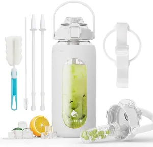 64 Oz Glass Water Bottles with Straw Lid Handle, Half Gallon Water Bottle with Carrying Strap and Filter, Motivational Glass Bottle with Silicone Sleeve, Water Jug with for Sport (White)