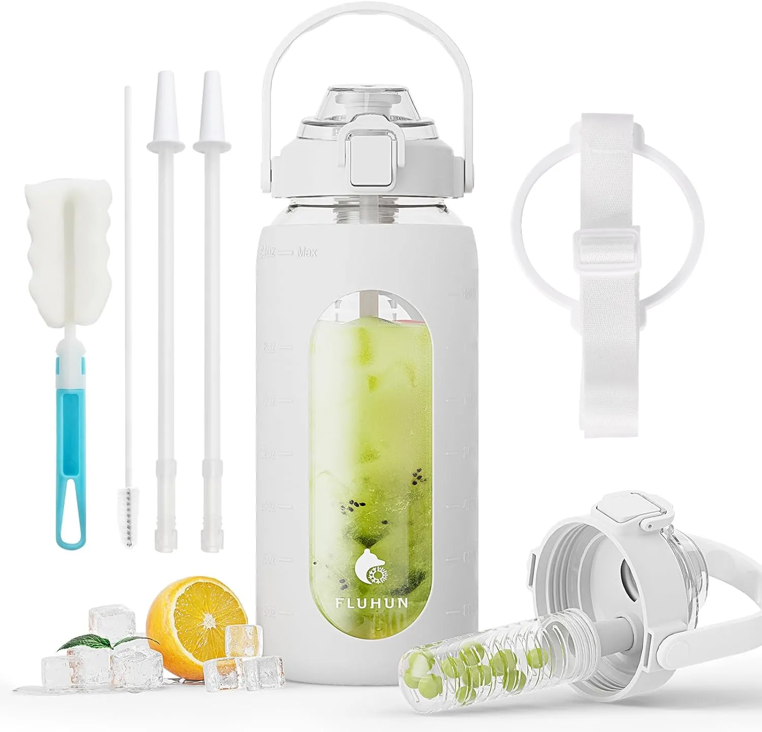 64 Oz Glass Water Bottles with Straw Lid Handle, Half Gallon Water Bottle with Carrying Strap and Filter, Motivational Glass Bottle with Silicone Sleeve, Water Jug with for Sport (White)
