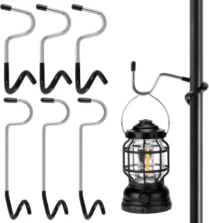 6Pcs Outdoor Camping Light Hook Stainless Steel Camping Lantern Hanger Non Slip Tent Light Hanger Hook Bird Feeder Pole Hook 3 Big and 3 Small S Shape Lamp Tree Hook for Patio Light, Black