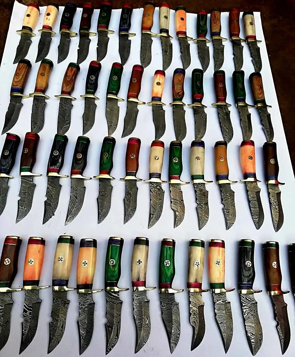 6" Handmade Damascus Hunting Knives with Leather Sheath, Free Hand Stitched, Wholesale Kinfes (50 Knives)