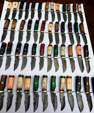 6" Handmade Damascus Hunting Knives with Leather Sheath, Free Hand Stitched, Wholesale Kinfes (50 Knives)