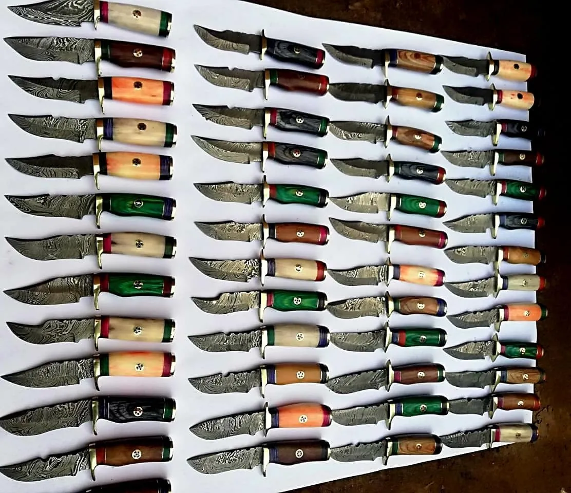 6" Handmade Damascus Hunting Knives with Leather Sheath, Free Hand Stitched, Wholesale Kinfes (50 Knives)