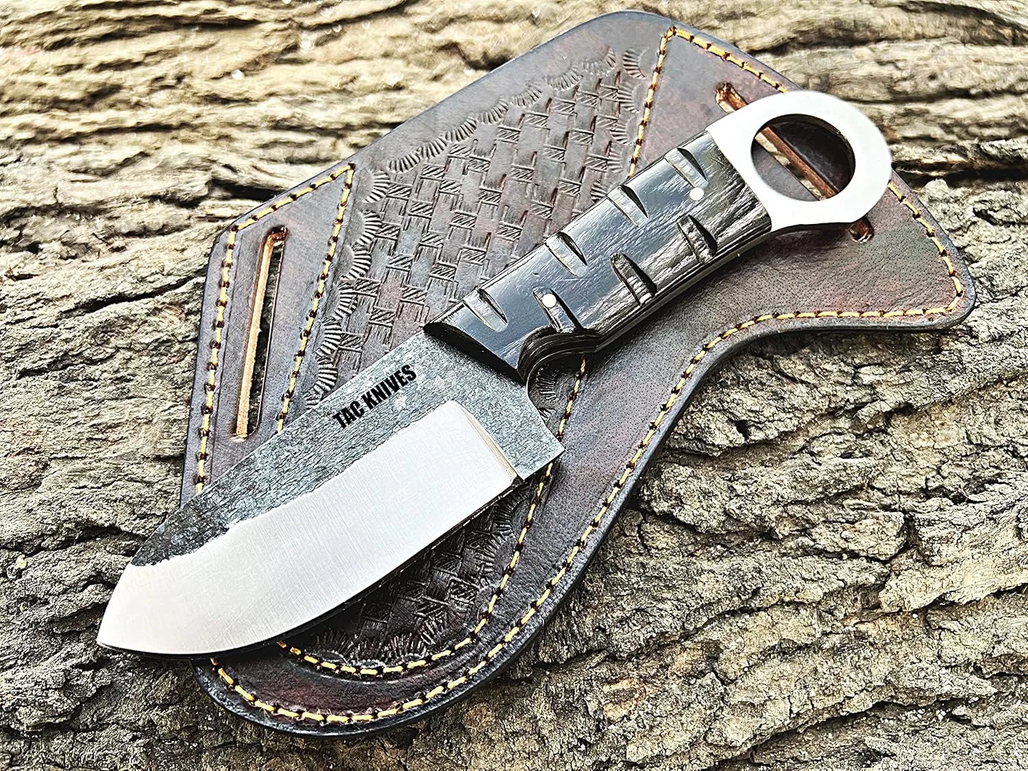 7'' Full Tang Fixed Blade Outdoor Camping Hunting Knife In Sheath Gift For Him | 1095 High Carbon Steel Knife | Bushcraft Survival Knife Gift | Cowboy knives | Pancake leather sheath (BLACK)