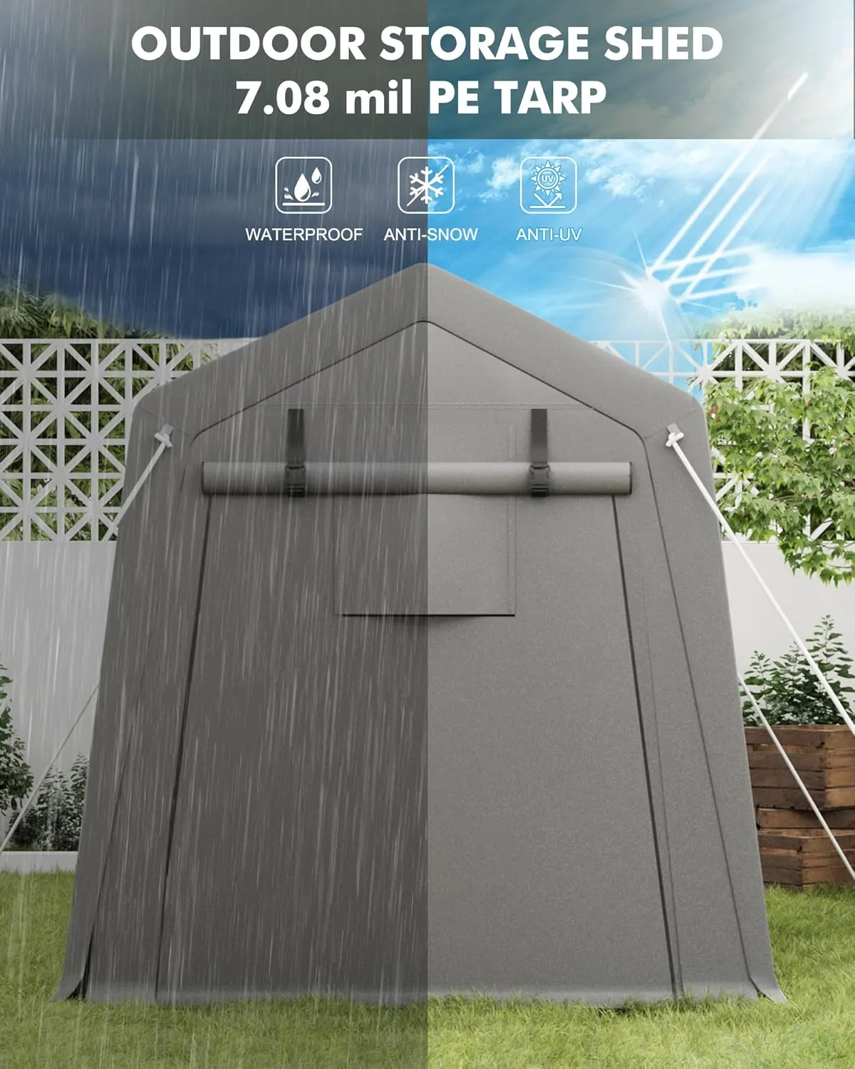 7 x 10 ft Carport Storage Shed, Portable Garage with Roll-up Zipper Door, Heavy Duty Waterproof Tarp, Storage for Motorcycle, Bike, Firewood, Garden Tools