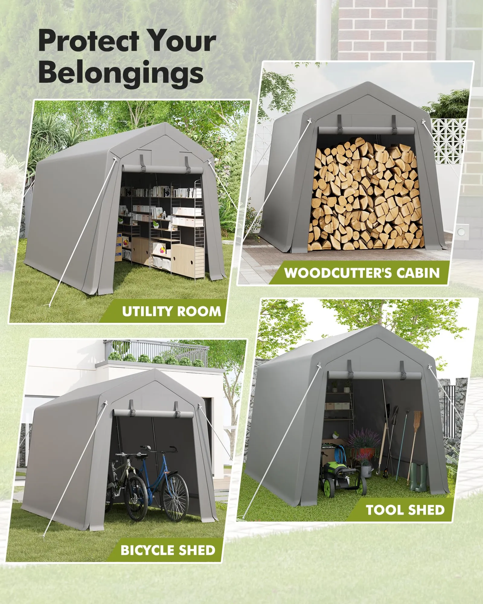 7 x 10 ft Portable Carport, Storage Shed with Heavy Duty Waterproof Tarp & 2 Roll-Up Zipper Doors, Ideal Tent for Motorcycles, Bikes, Garden Tools, and Firewood