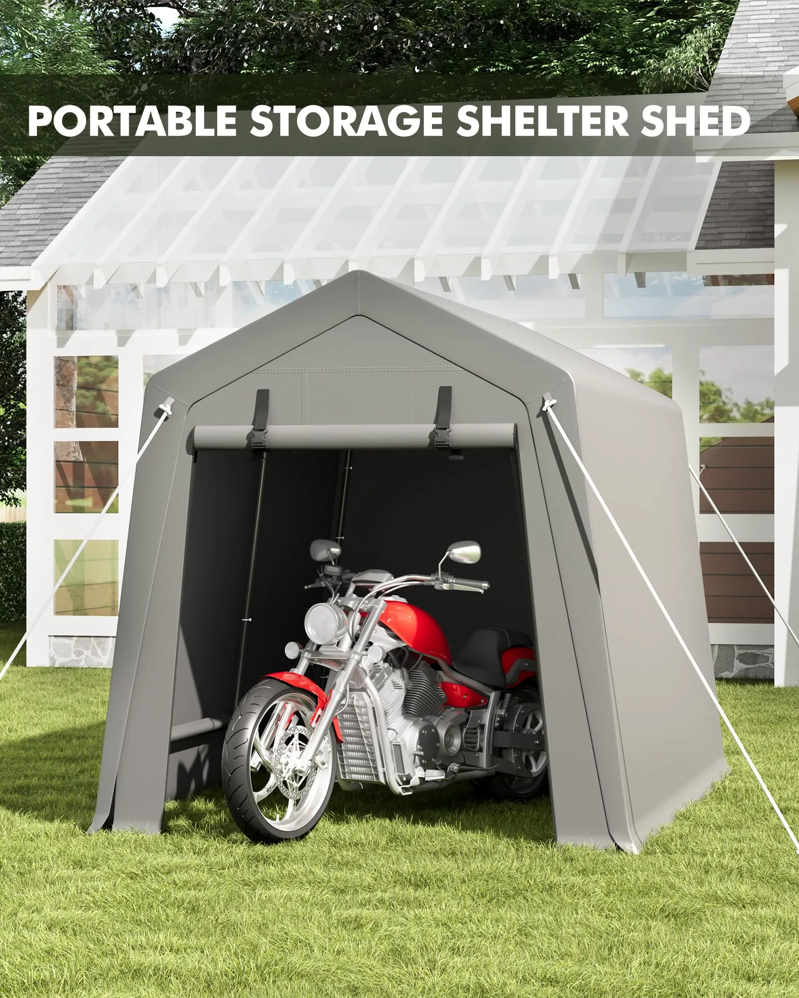 7 x 10 ft Portable Carport, Storage Shed with Heavy Duty Waterproof Tarp & 2 Roll-Up Zipper Doors, Ideal Tent for Motorcycles, Bikes, Garden Tools, and Firewood