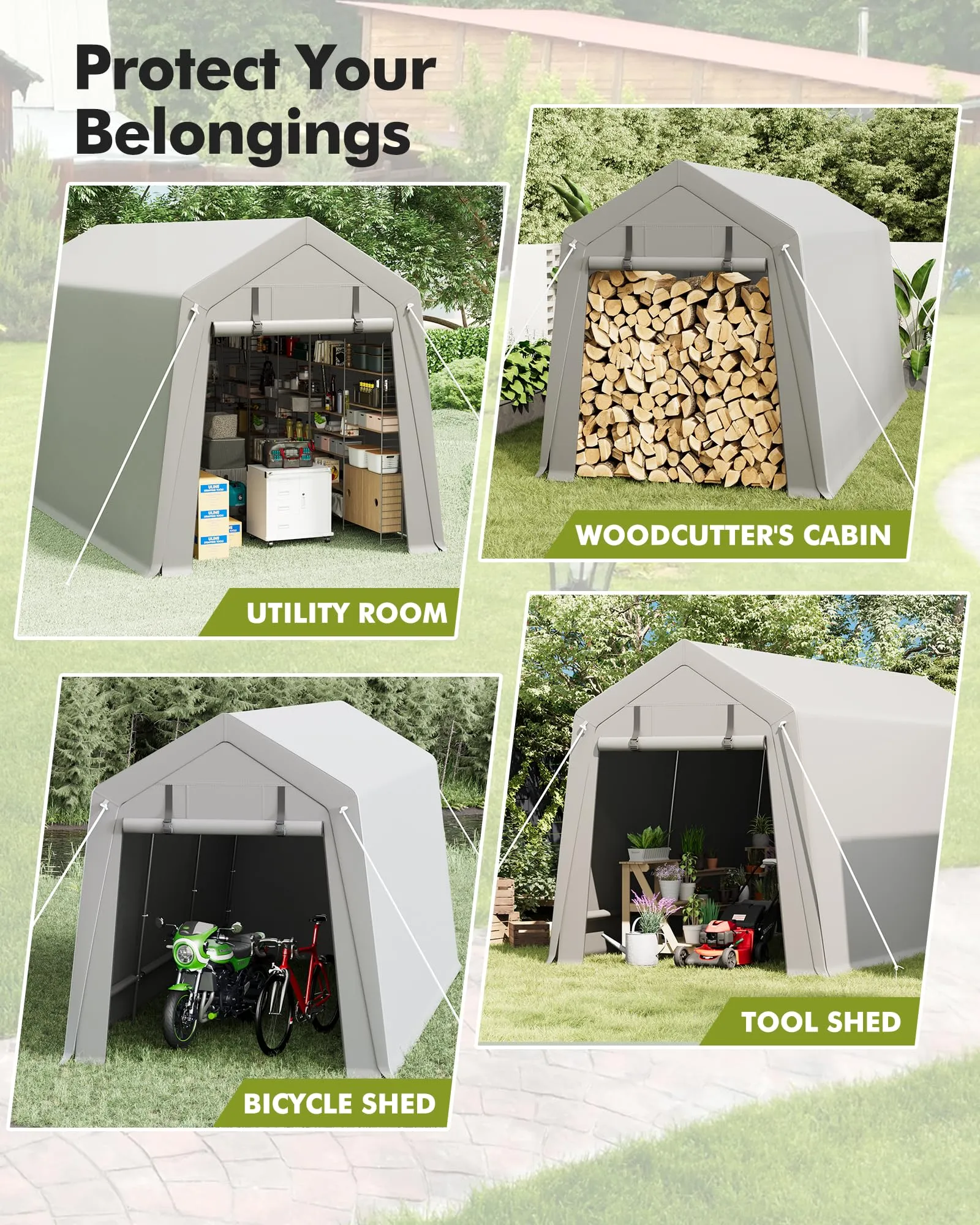7 x 12 Ft Shelter Logic with Roll-Up Zipper Door Carport Storage Shed Heavy Duty Waterproof Tarp Storage Tent for Motorcycle, Bike, Garden Tools, Firewood