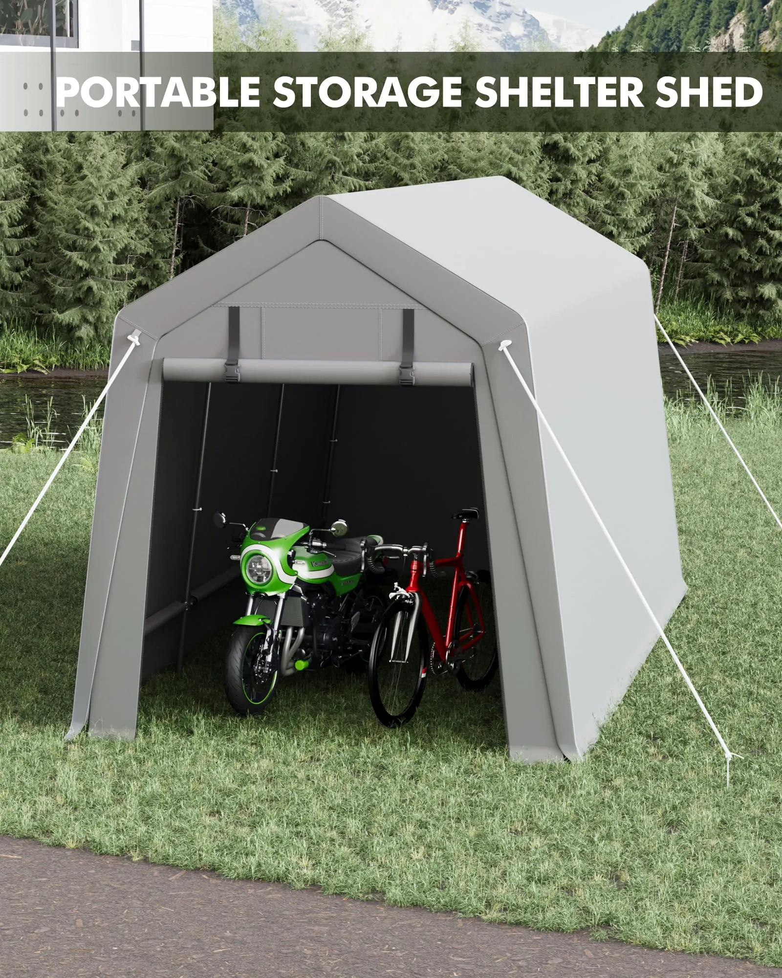 7 x 12 Ft Shelter Logic with Roll-Up Zipper Door Carport Storage Shed Heavy Duty Waterproof Tarp Storage Tent for Motorcycle, Bike, Garden Tools, Firewood