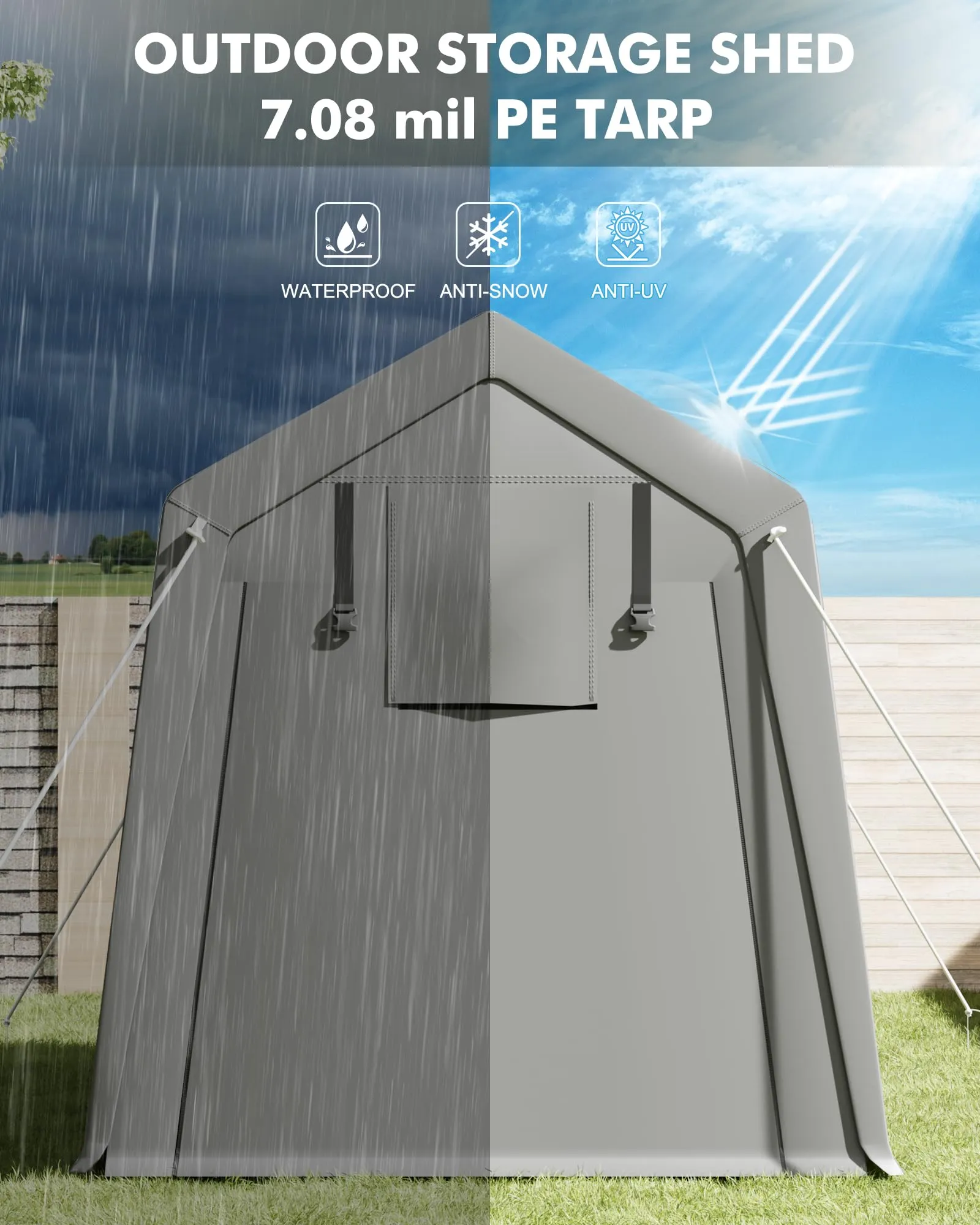 7 x 12 Ft Shelter Logic with Roll-Up Zipper Door Carport Storage Shed Heavy Duty Waterproof Tarp Storage Tent for Motorcycle, Bike, Garden Tools, Firewood