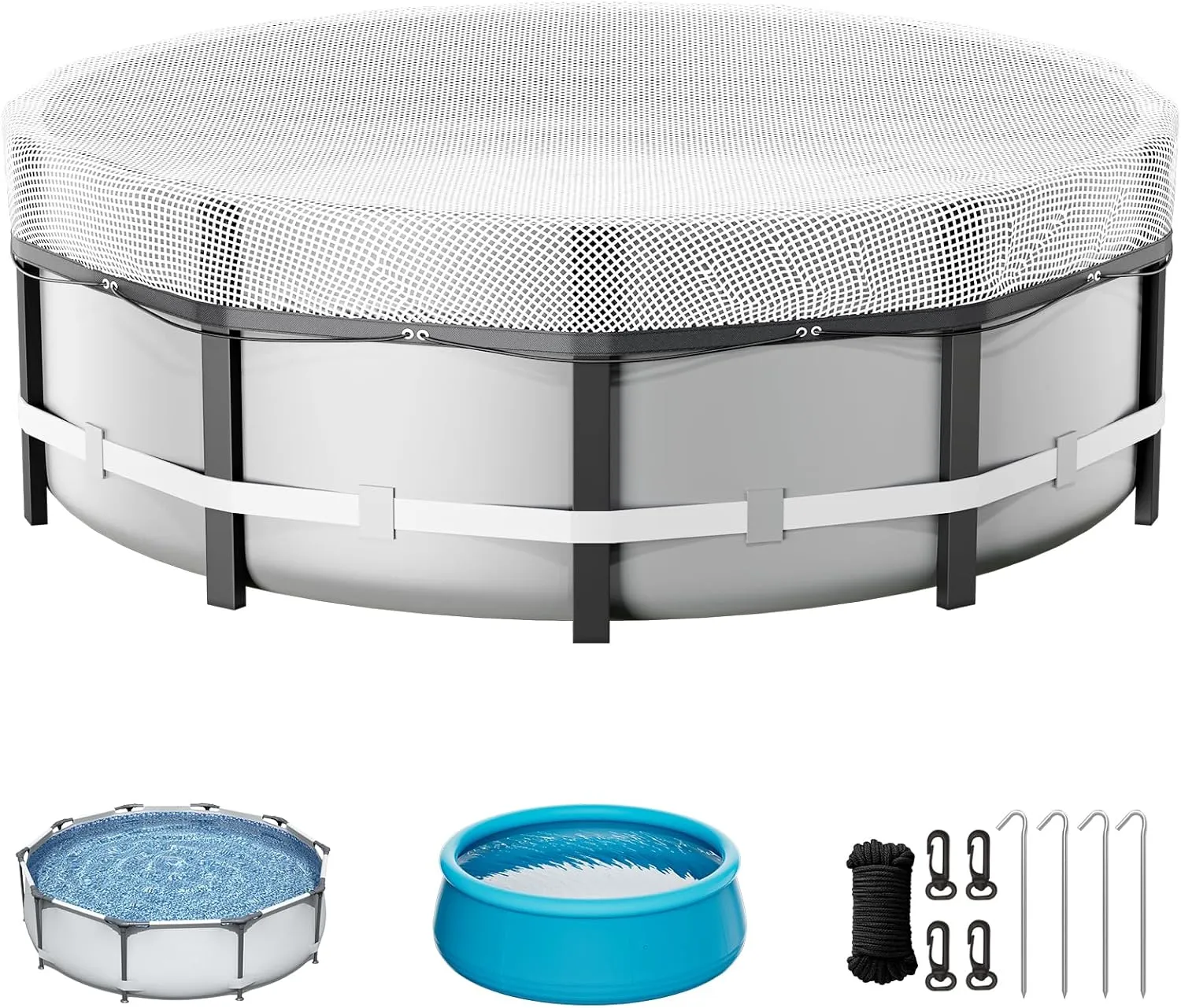 8 Ft Round Pool Cover, Solar Cover for Above Ground Pools,Waterproof Stock Tank Pool Covers Protector with Rope Tie and Ground Nails, PE Tarp Ideal for Waterproof and Dustproof (Clear)