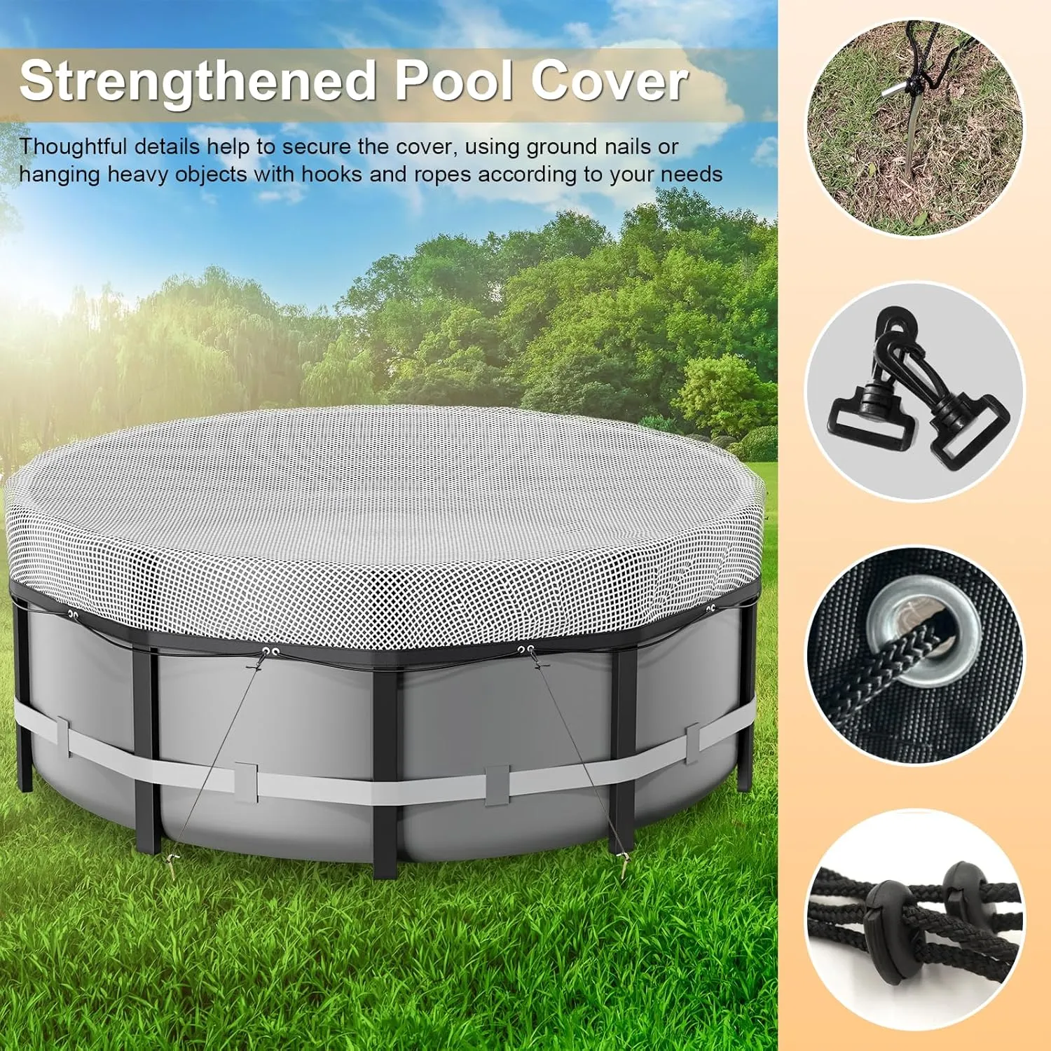8 Ft Round Pool Cover, Solar Cover for Above Ground Pools,Waterproof Stock Tank Pool Covers Protector with Rope Tie and Ground Nails, PE Tarp Ideal for Waterproof and Dustproof (Clear)