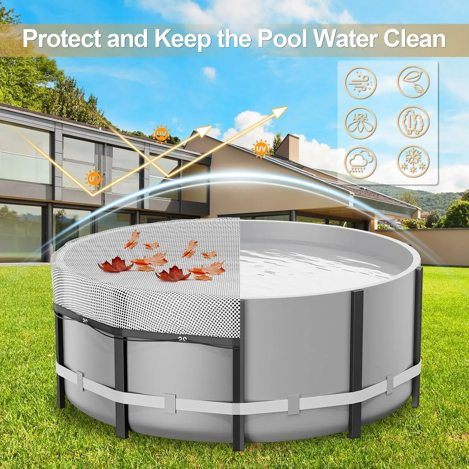 8 Ft Round Pool Cover, Solar Cover for Above Ground Pools,Waterproof Stock Tank Pool Covers Protector with Rope Tie and Ground Nails, PE Tarp Ideal for Waterproof and Dustproof (Clear)