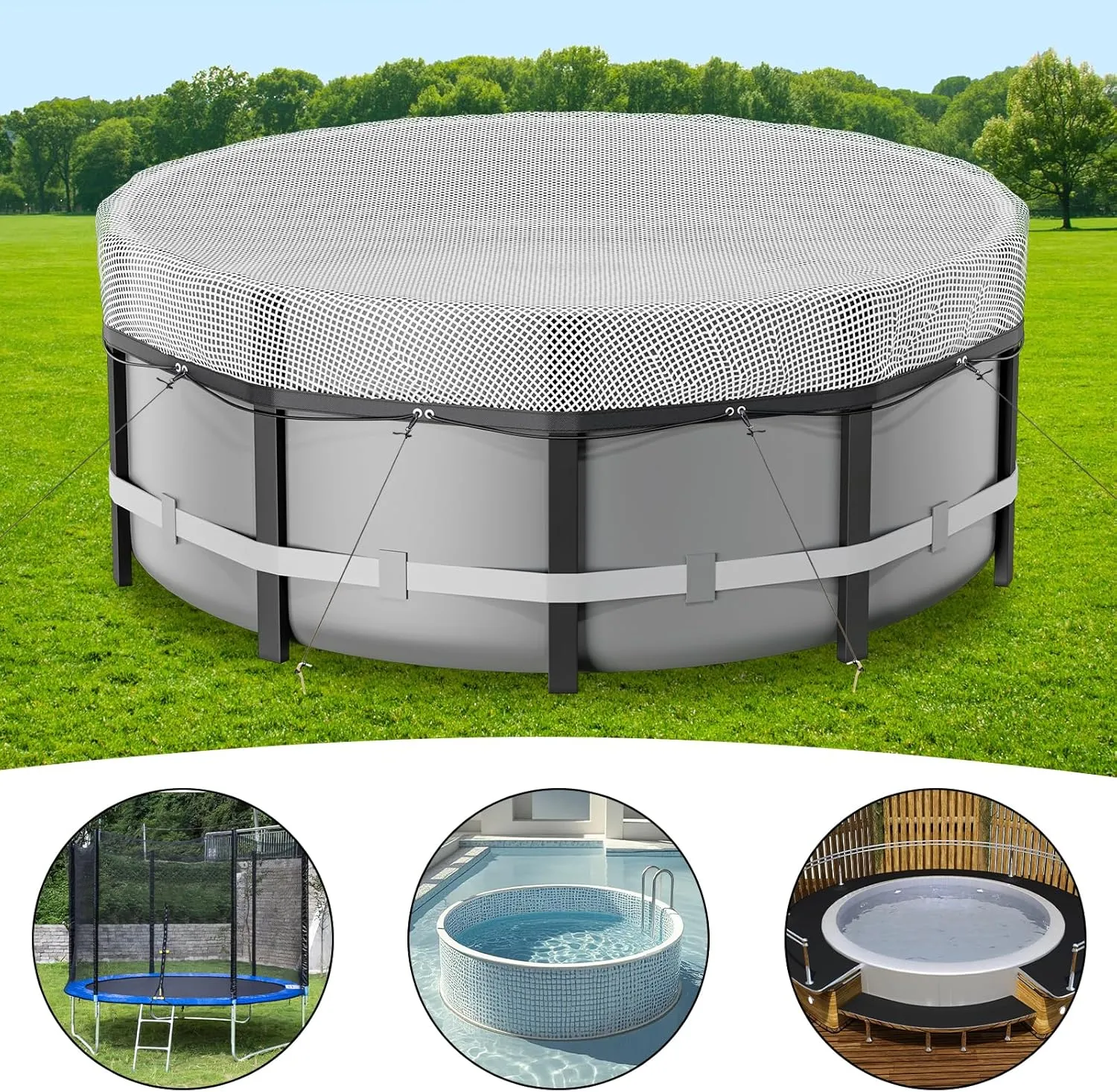 8 Ft Round Pool Cover, Solar Cover for Above Ground Pools,Waterproof Stock Tank Pool Covers Protector with Rope Tie and Ground Nails, PE Tarp Ideal for Waterproof and Dustproof (Clear)