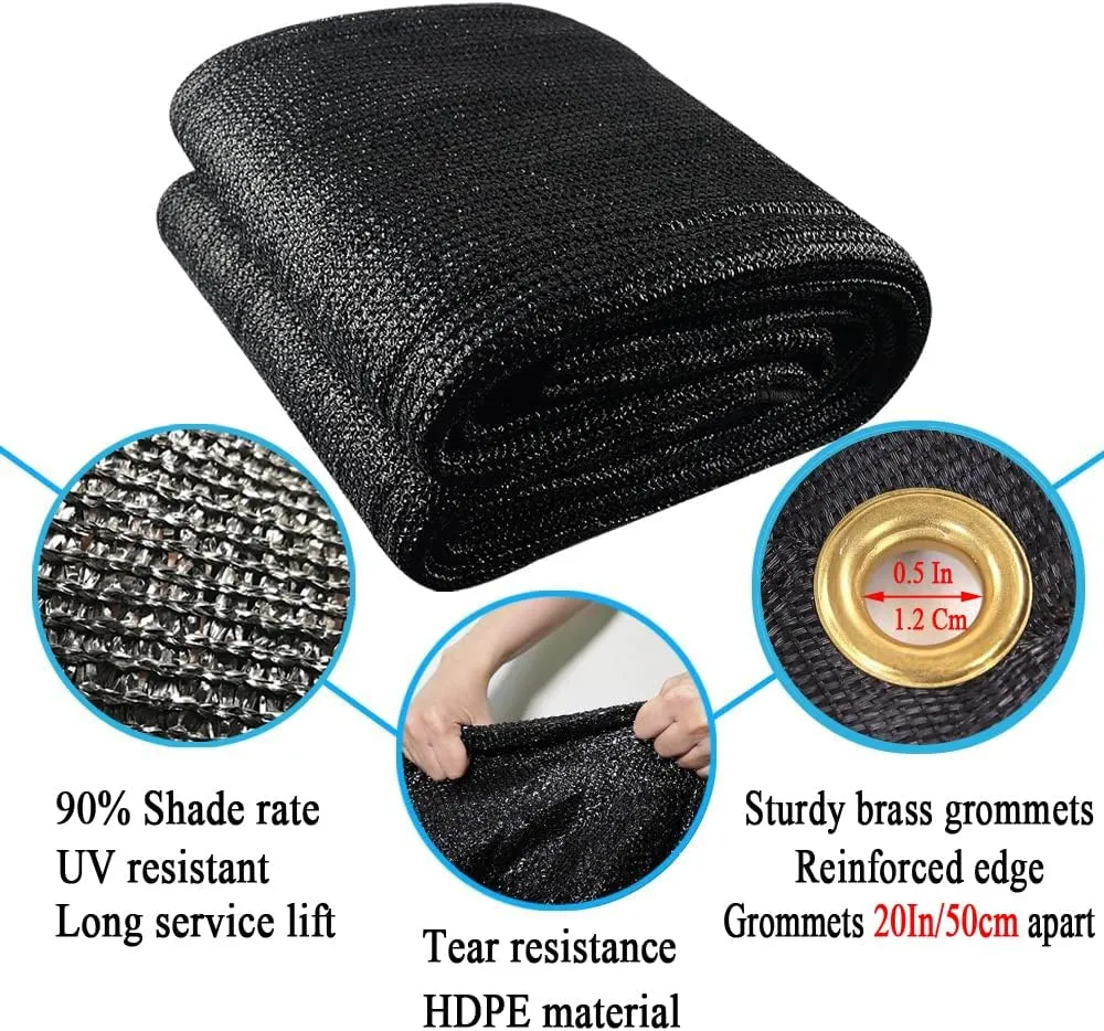 90% Black Shade Cloth, 8X20Ft Garden Sun Shade for Plant Cover, Outdoor Shade Netting with Grommets, Sunblock Mesh Tarp for Patio, Greenhouse, Pergola, Potted Plant, Chicken Coop