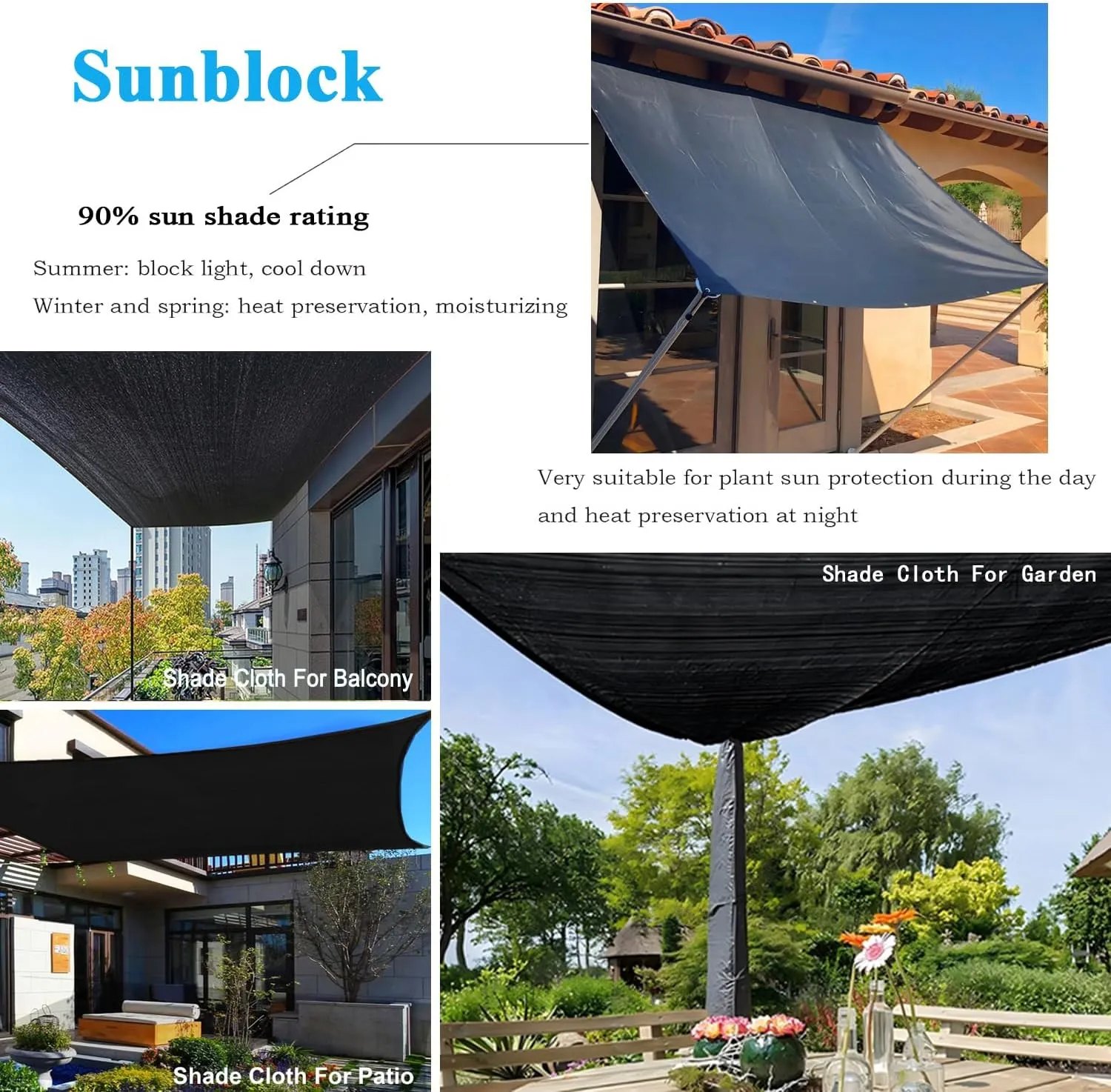 90% Black Shade Cloth, 8X20Ft Garden Sun Shade for Plant Cover, Outdoor Shade Netting with Grommets, Sunblock Mesh Tarp for Patio, Greenhouse, Pergola, Potted Plant, Chicken Coop