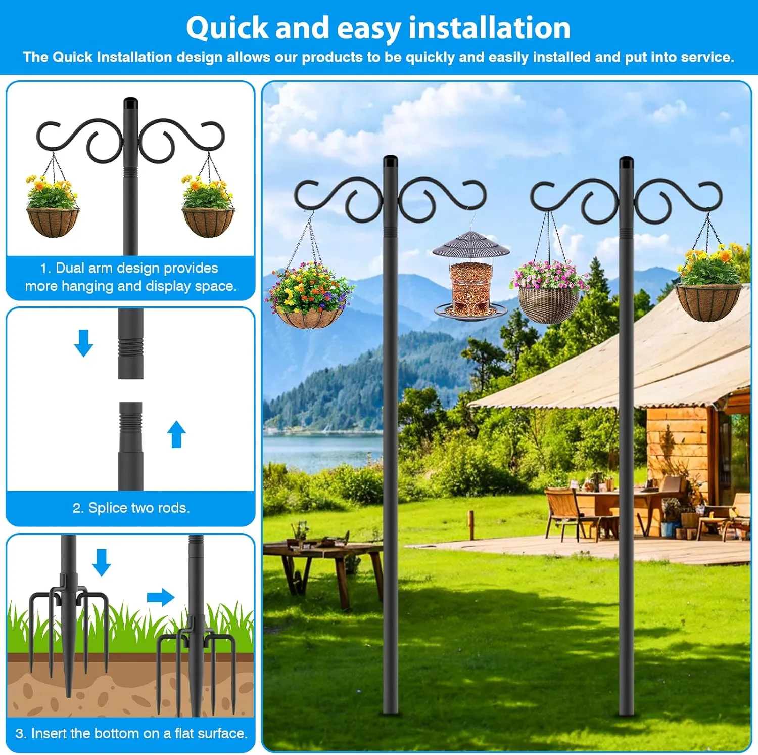 Adjustable Shepherd Hooks for Outdoor,2 Pack 90 Inch 5 Prong Base Bird Two Sided Feeder Poles,Heavy Duty Shepherds Hook,Suitable for Garden in Hanging Flower Basket,Lantern,Bird Nests