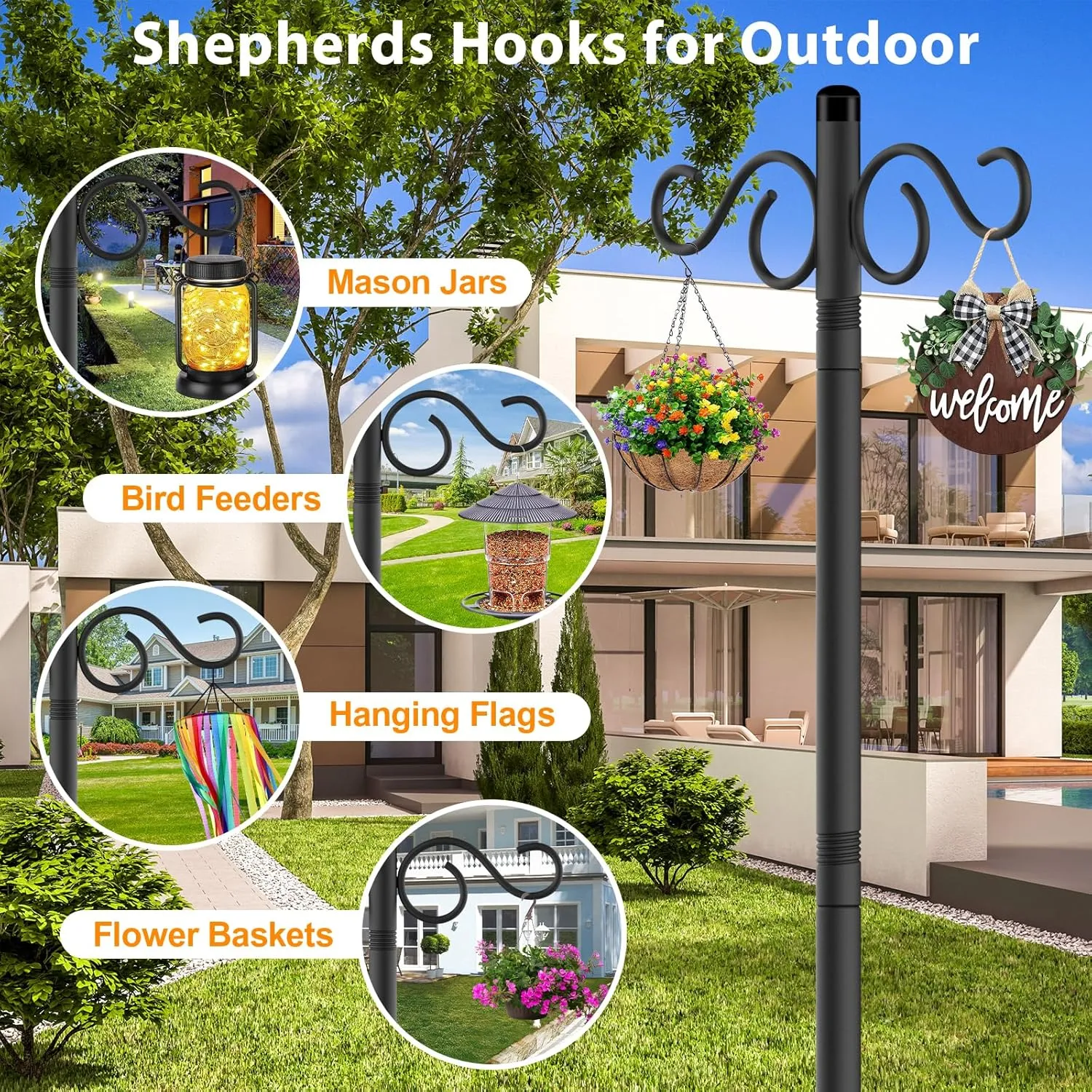 Adjustable Shepherd Hooks for Outdoor,2 Pack 90 Inch 5 Prong Base Bird Two Sided Feeder Poles,Heavy Duty Shepherds Hook,Suitable for Garden in Hanging Flower Basket,Lantern,Bird Nests
