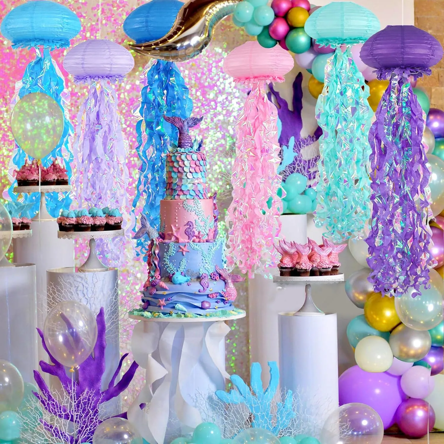 ADLKGG Jellyfish Paper Lanterns, Blue Pink Purple Under The Sea Party Decorations, Hanging Jelly Fish for Mermaid Ocean Themed Birthday Party Decorations, Baby Shower Classroom Decor, 6PCS