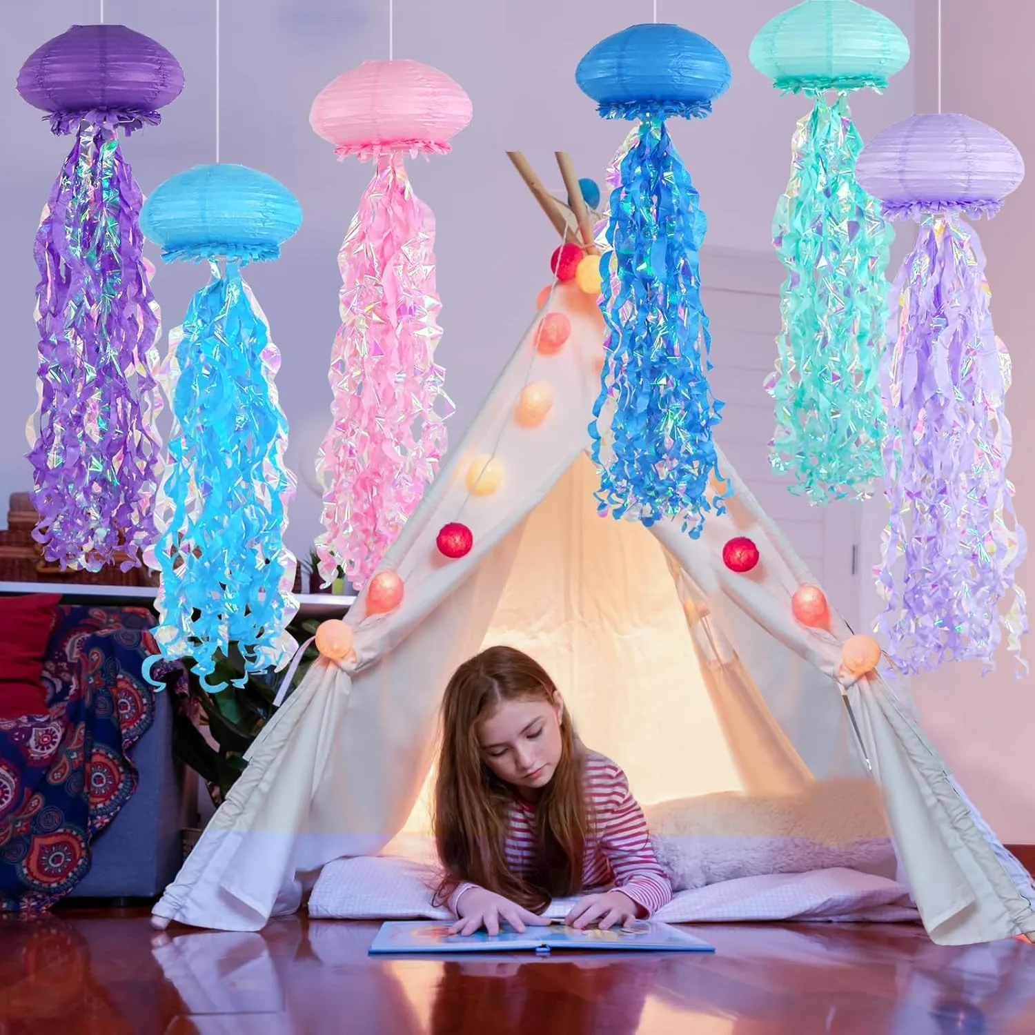 ADLKGG Jellyfish Paper Lanterns, Blue Pink Purple Under The Sea Party Decorations, Hanging Jelly Fish for Mermaid Ocean Themed Birthday Party Decorations, Baby Shower Classroom Decor, 6PCS
