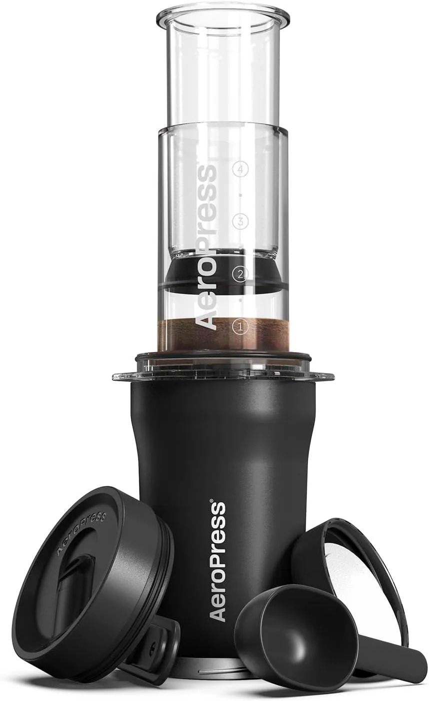 AeroPress Go Plus, Small Portable Coffee Maker for Travel & Camping - 3 In 1 Brew Method Combines French Press, Pourover, Espresso, Full Bodied Coffee without Bitterness, Coffee Press Kit - Black