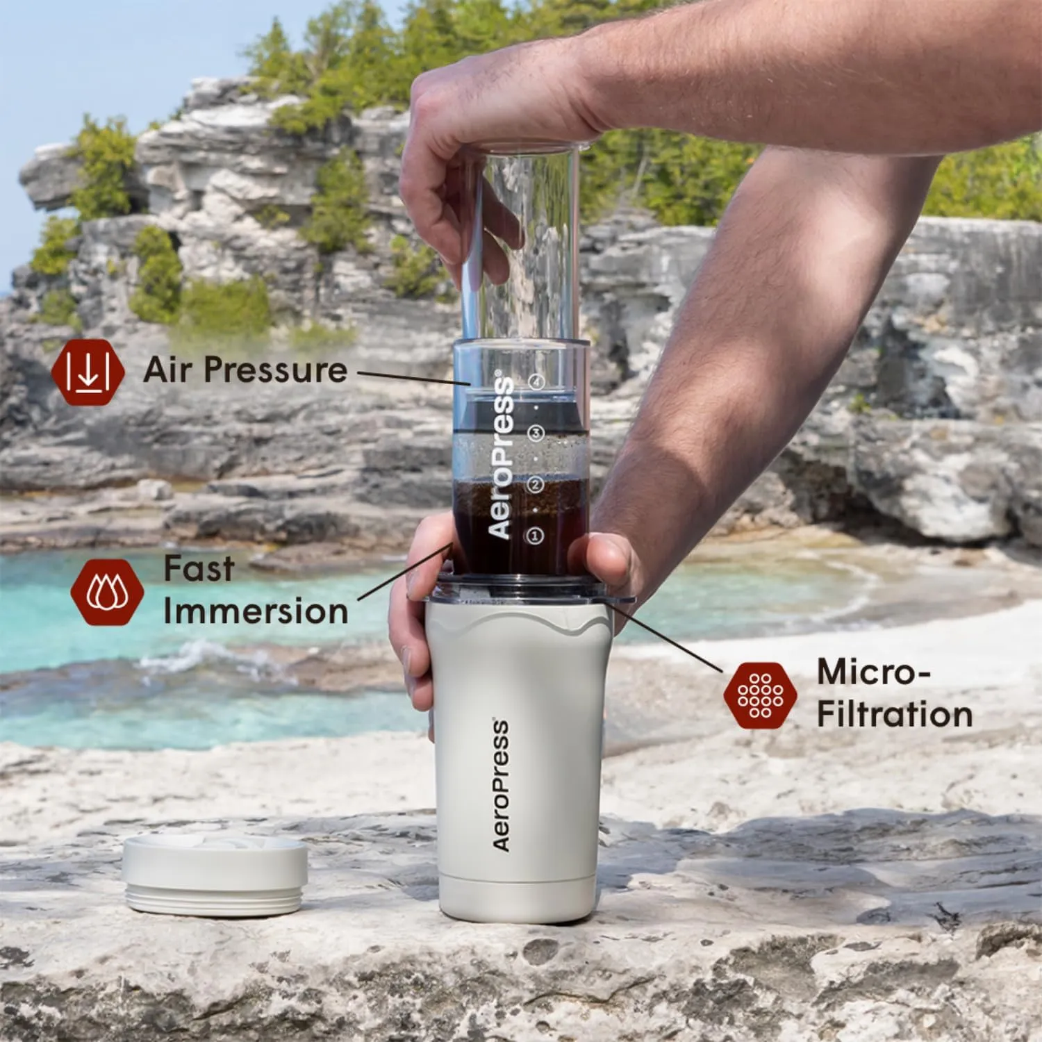 AeroPress Go Plus, Small Portable Coffee Maker for Travel & Camping - 3 In 1 Brew Method Combines French Press, Pourover, Espresso, Full Bodied Coffee without Bitterness, Coffee Press Kit - Cream