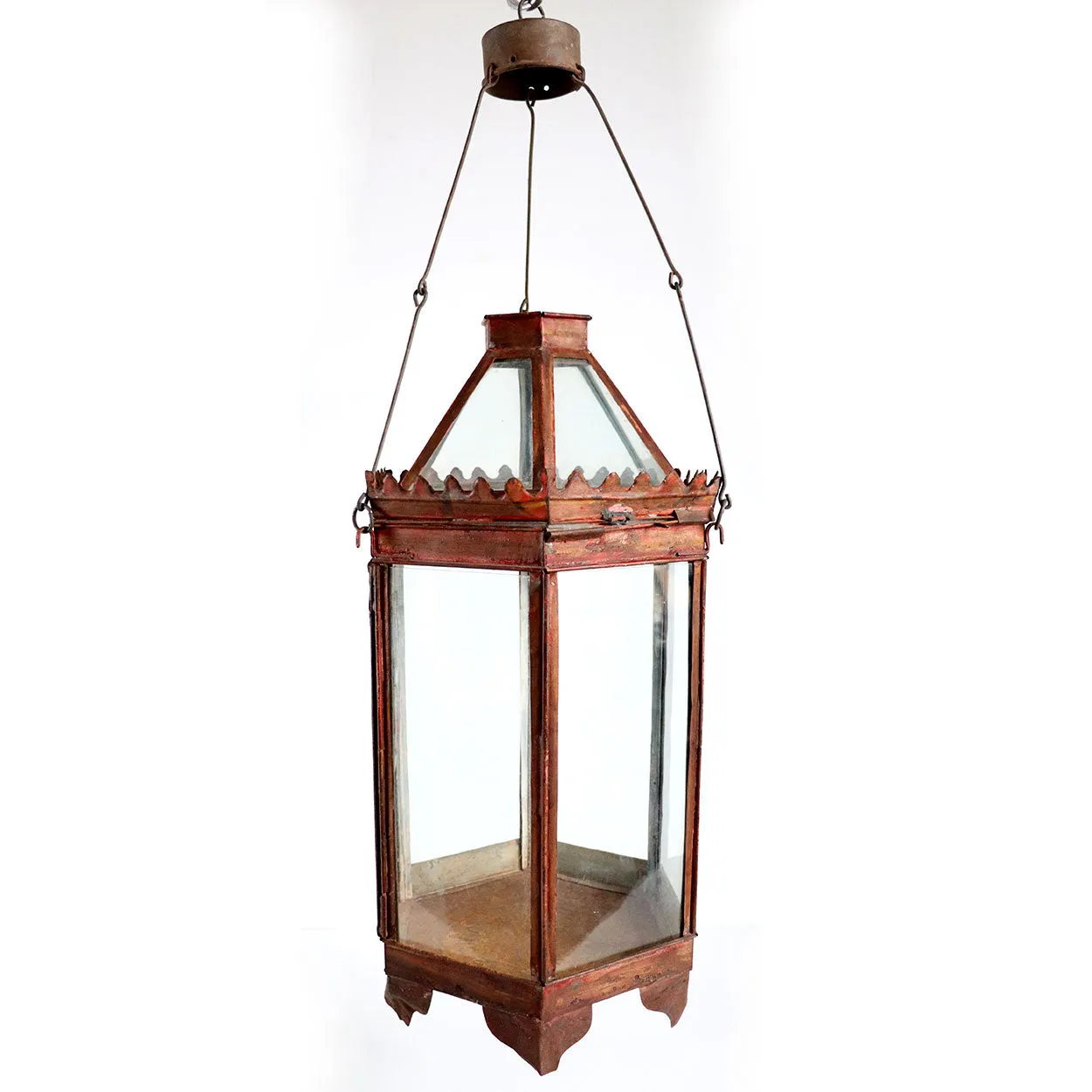 Anglo Indian Red Toleware and Glass Hexagonal Hanging Lantern