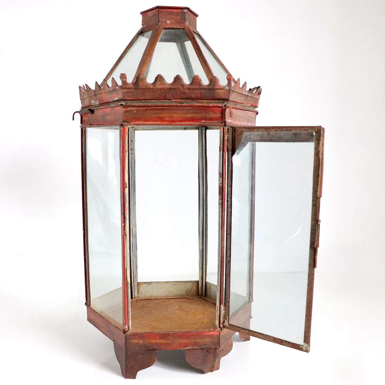 Anglo Indian Red Toleware and Glass Hexagonal Hanging Lantern