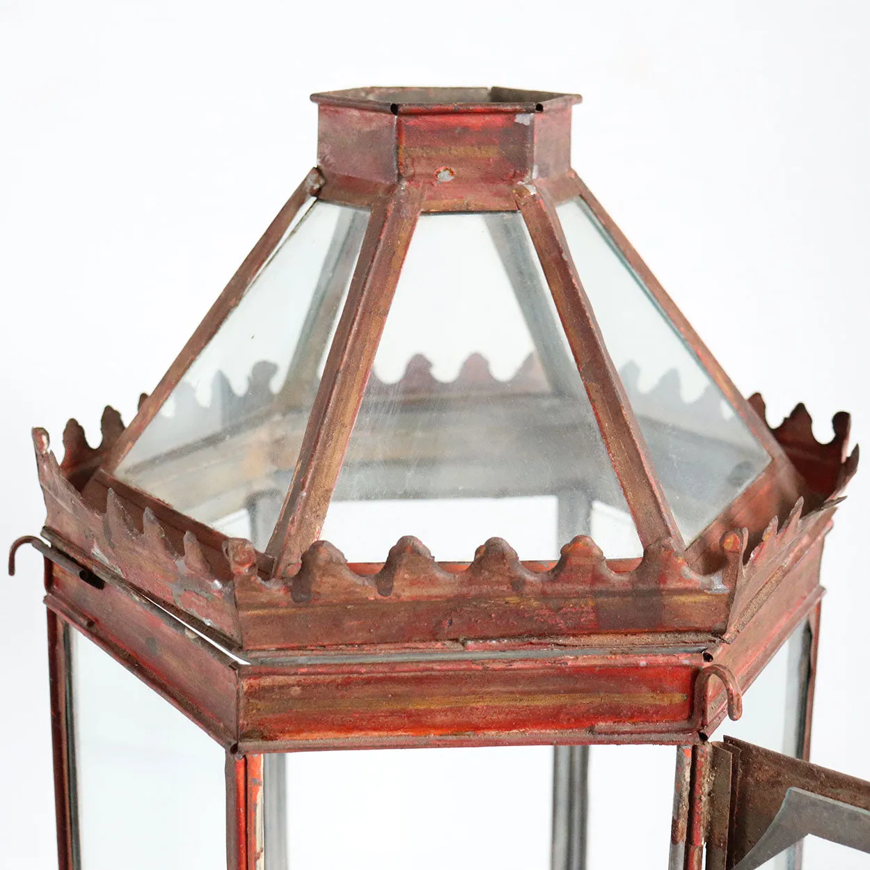 Anglo Indian Red Toleware and Glass Hexagonal Hanging Lantern