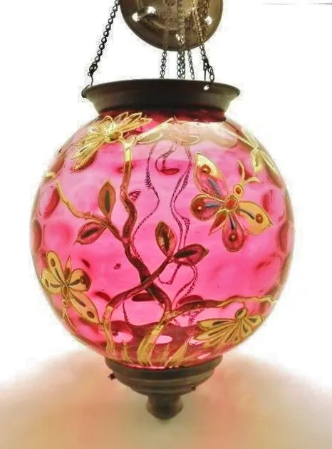 Antique Enameled Cranberry Hanging Lantern
