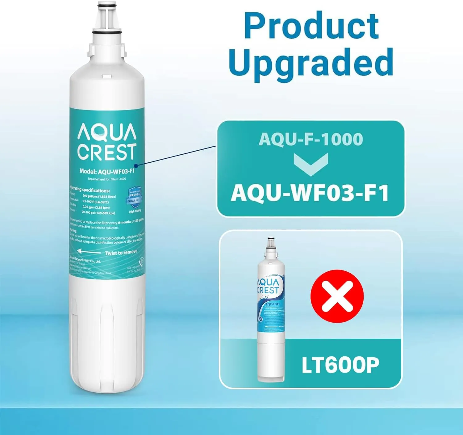 AQUA CREST F-1000, F-2000, 4204490 Sub Zero Water Filter Replacement for InSinkErator® F-1000,F-2000, F-3000, Sub-Zero 4204490,4290510 and AquaPure AP Easy C-Complete, Subzero Filter, NSF/ANSI 42