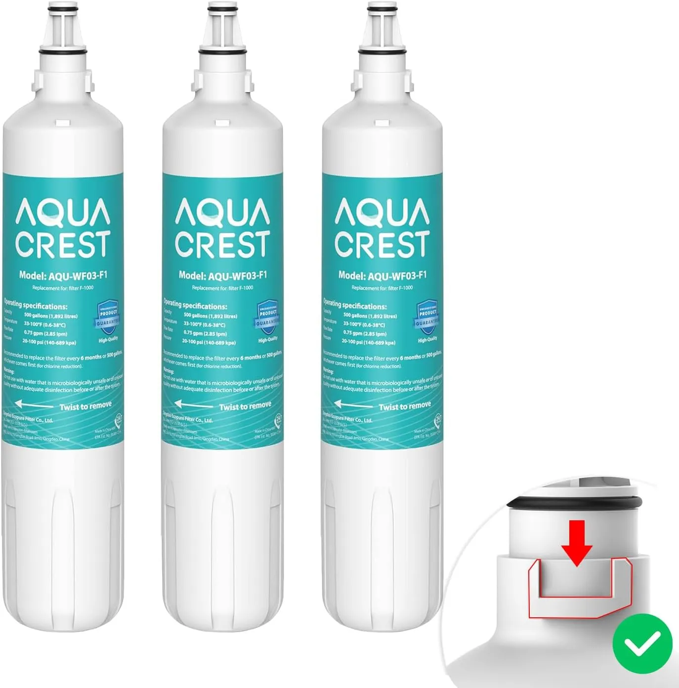 AQUA CREST F-1000, F-2000, 4204490 Sub Zero Water Filter Replacement for InSinkErator® F-1000,F-2000, F-3000, Sub-Zero 4204490,4290510 and AquaPure AP Easy C-Complete, Subzero Filter, NSF/ANSI 42
