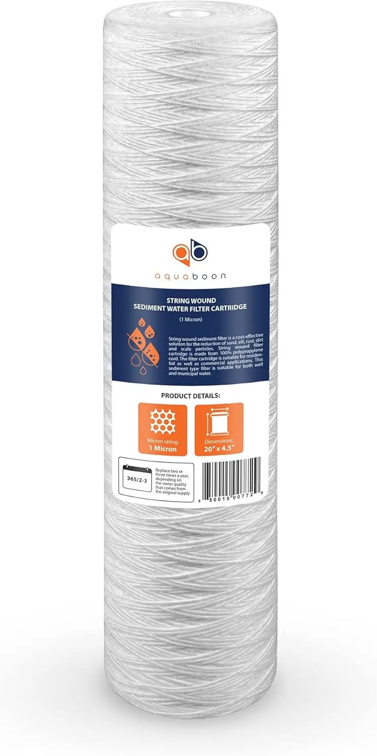 Aquaboon 1 Micron Whole House 20" x 4.5" String Wound Water Filter Replacement Cartridge for Well Water Compatible with SWC-25-2005, P5-20, 2-Pack