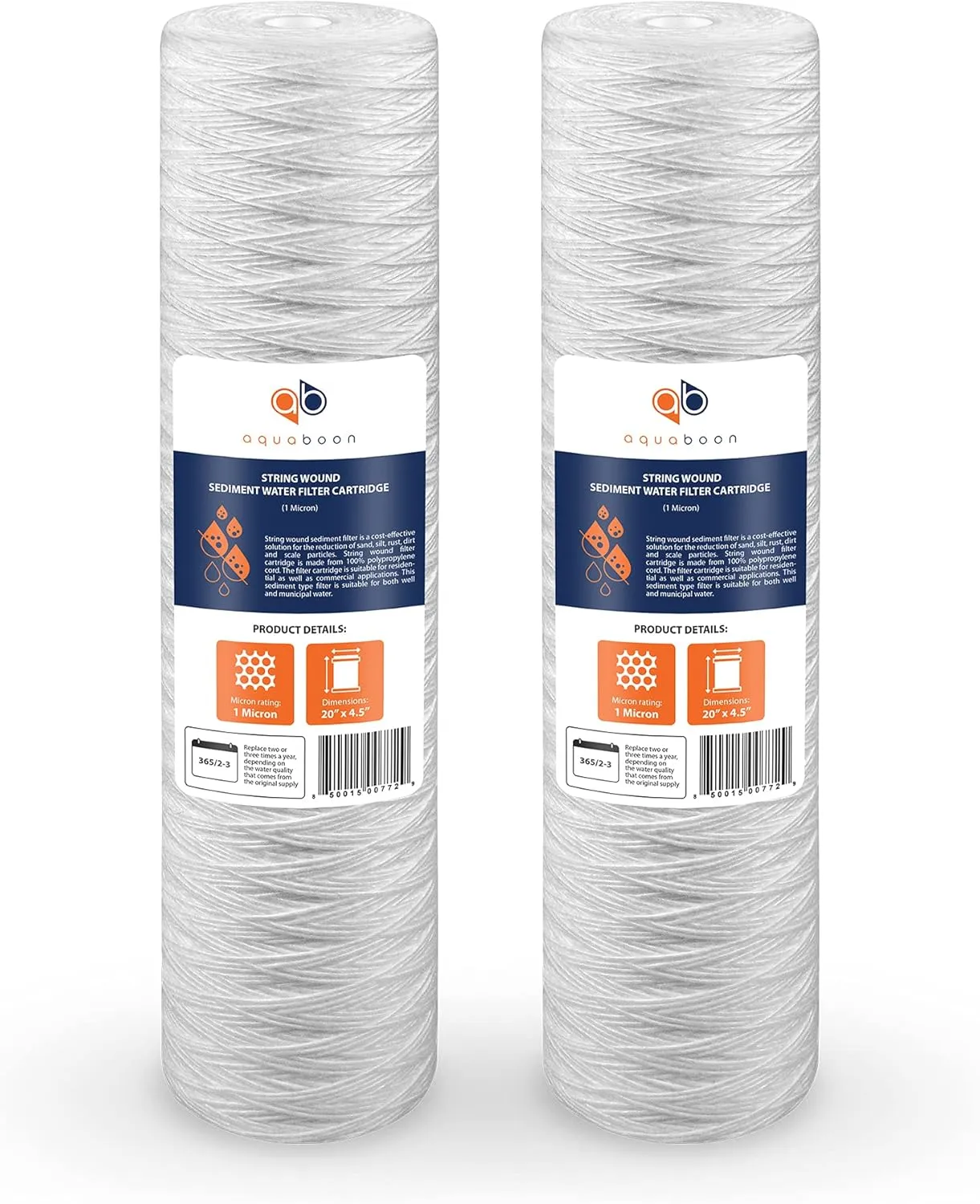 Aquaboon 1 Micron Whole House 20" x 4.5" String Wound Water Filter Replacement Cartridge for Well Water Compatible with SWC-25-2005, P5-20, 2-Pack