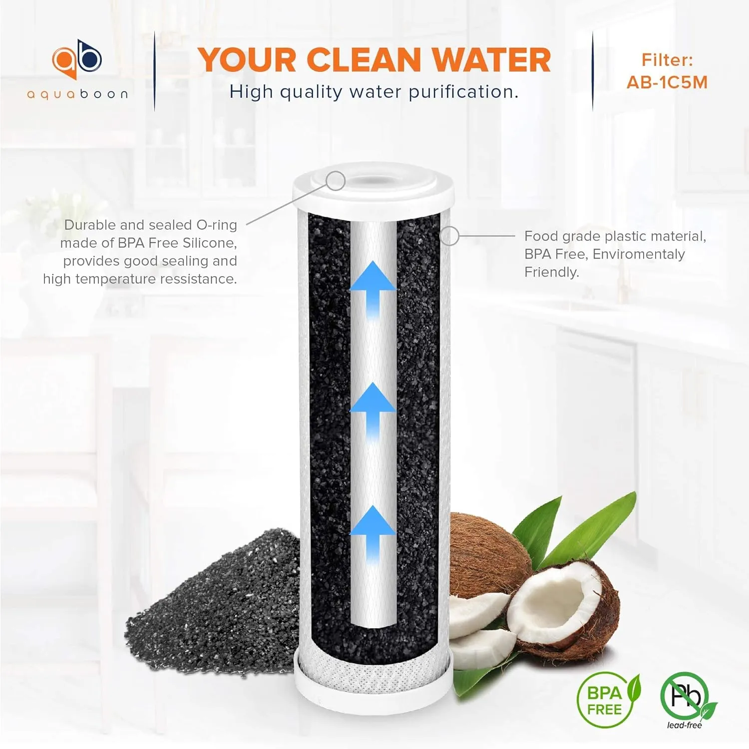 Aquaboon 5 Micron 10 x 2.5 Carbon Block Water Filter Cartridge CTO Whole House Water Filter Replacement Compatible with WHKF-WHWC, FXWTC, 6-PACK