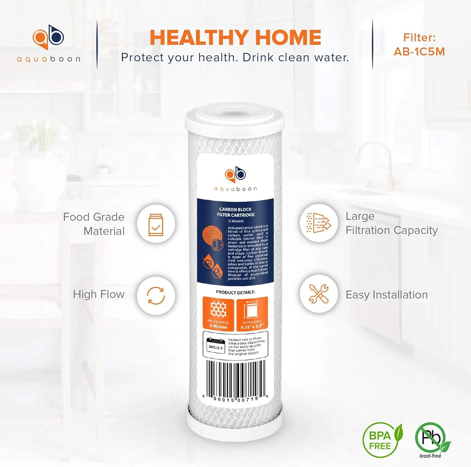 Aquaboon 5 Micron 10 x 2.5 Carbon Block Water Filter Cartridge CTO Whole House Water Filter Replacement Compatible with WHKF-WHWC, FXWTC, 6-PACK