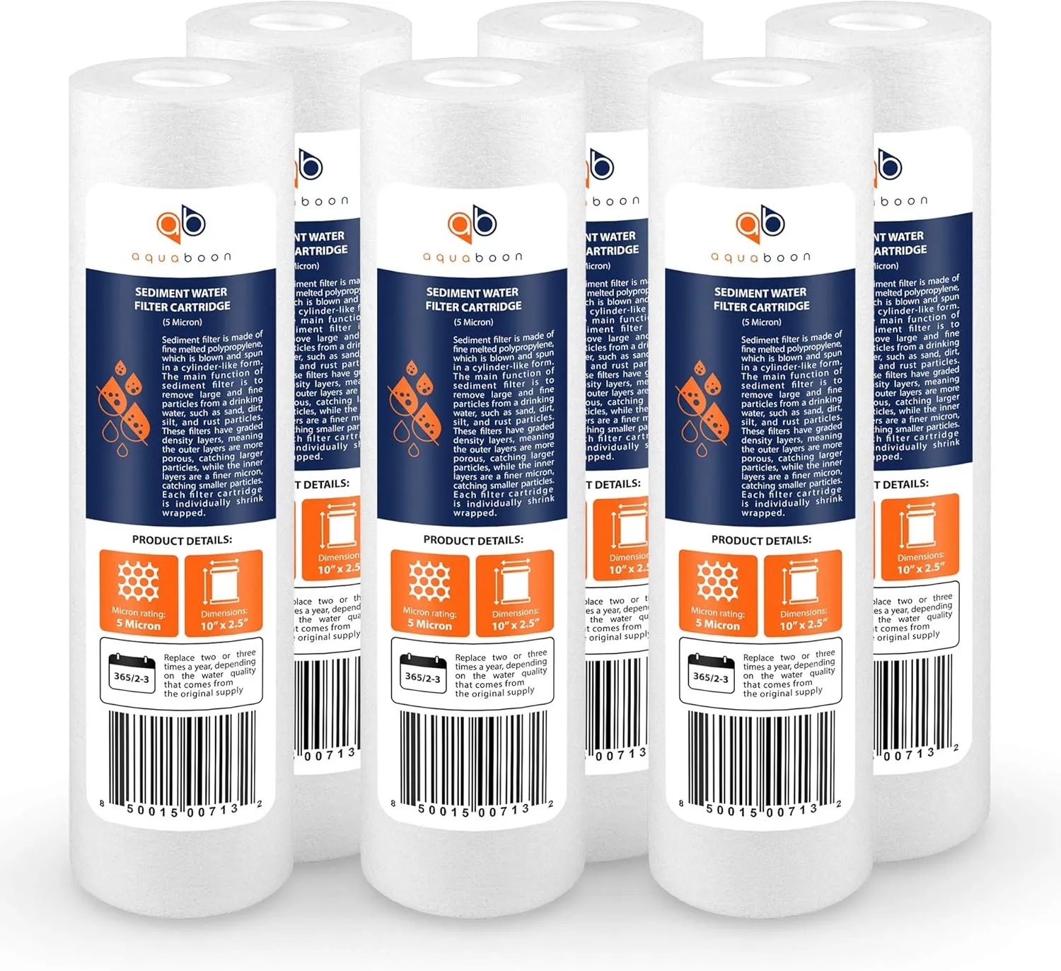 Aquaboon 5 Micron 10 x 2.5 Sediment Filter - Whole House Water Filter Replacement Compatible with Well Water Filters - P5, AP110, WHKF-GD05, 6 Pack