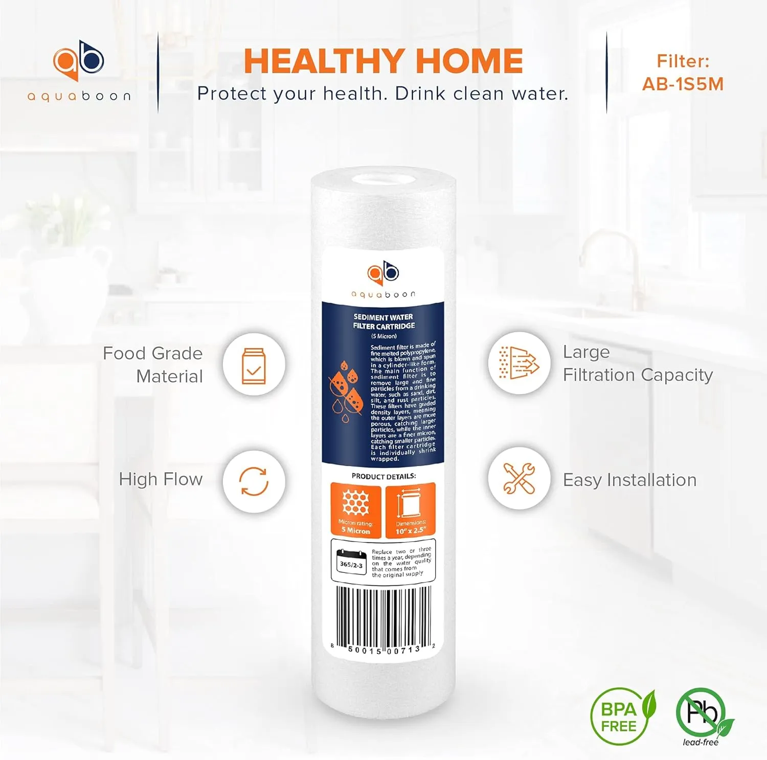 Aquaboon 5 Micron 10 x 2.5 Sediment Filter - Whole House Water Filter Replacement Compatible with Well Water Filters - P5, AP110, WHKF-GD05, 6 Pack