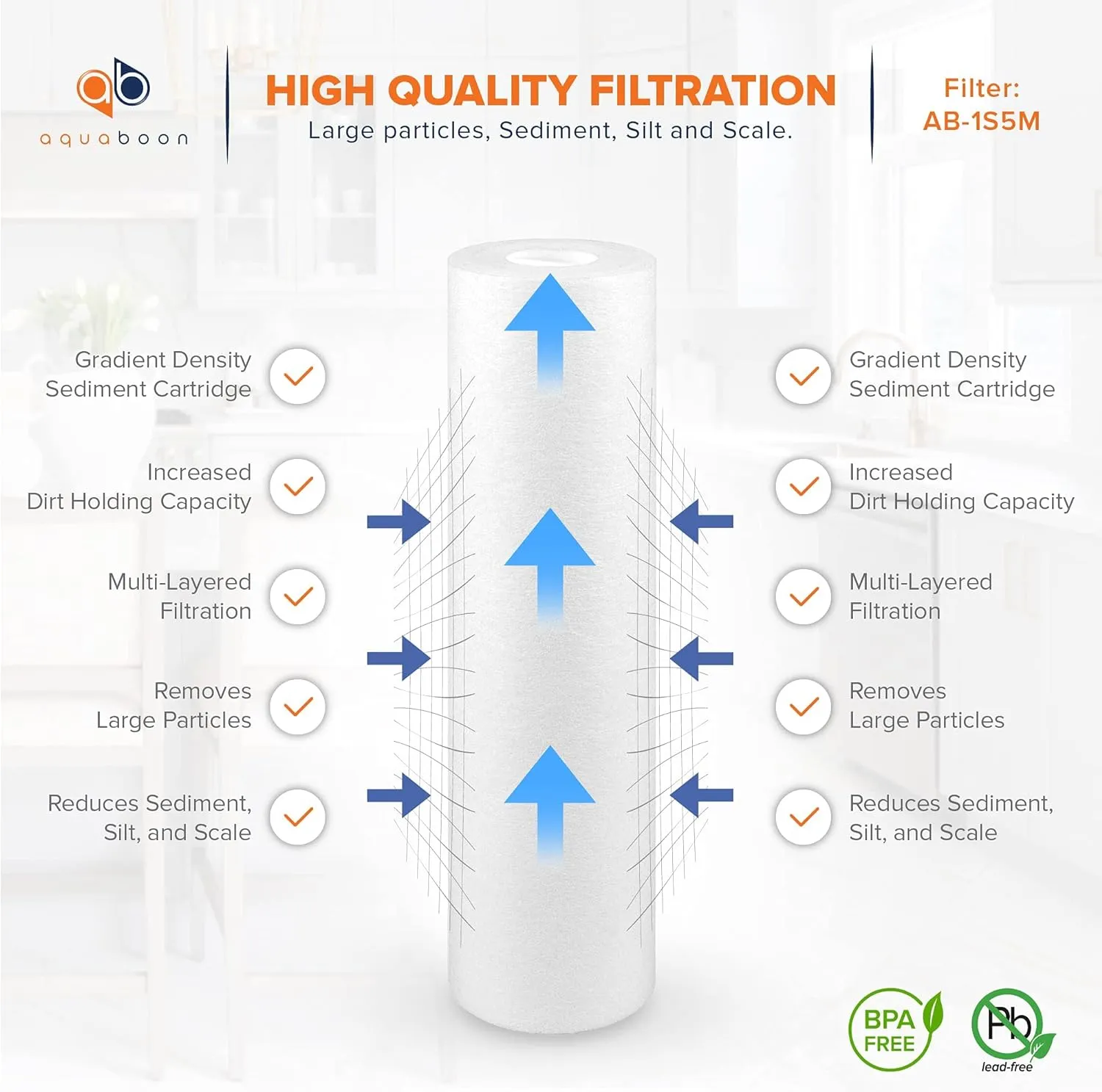 Aquaboon 5 Micron 10 x 2.5 Sediment Filter - Whole House Water Filter Replacement Compatible with Well Water Filters - P5, AP110, WHKF-GD05, 6 Pack